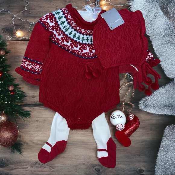 NEW TAHARI BABY FAIR ISLE KNIT SWEATER ROMPER SET• BONNET•TIGHTS•S/3-6M - Picture 7 of 12